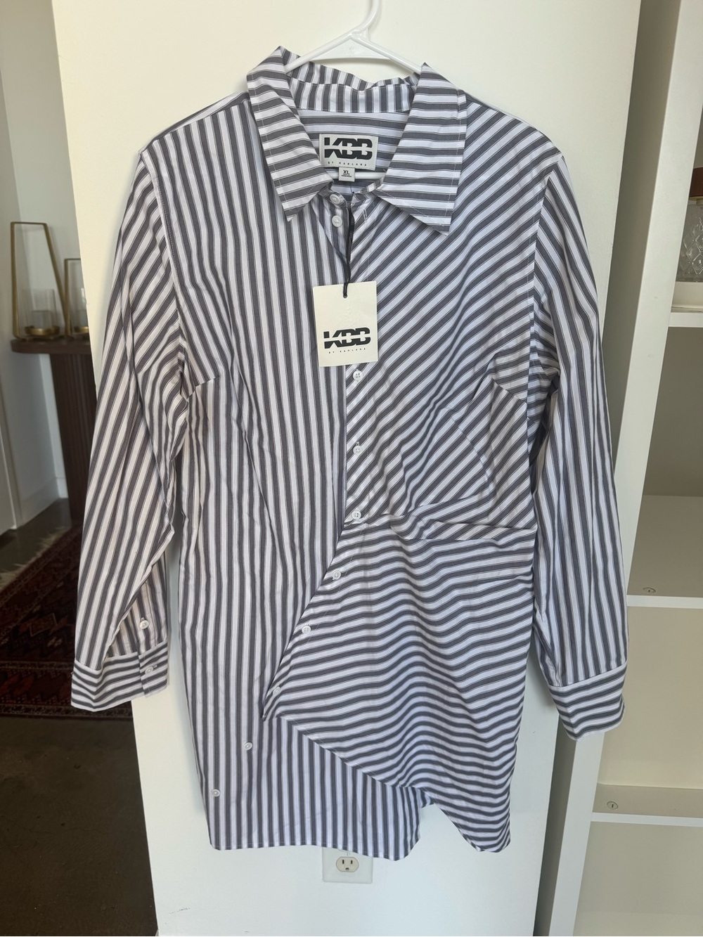 KBB White & Blue Asymmetrical Striped Shirt Dress